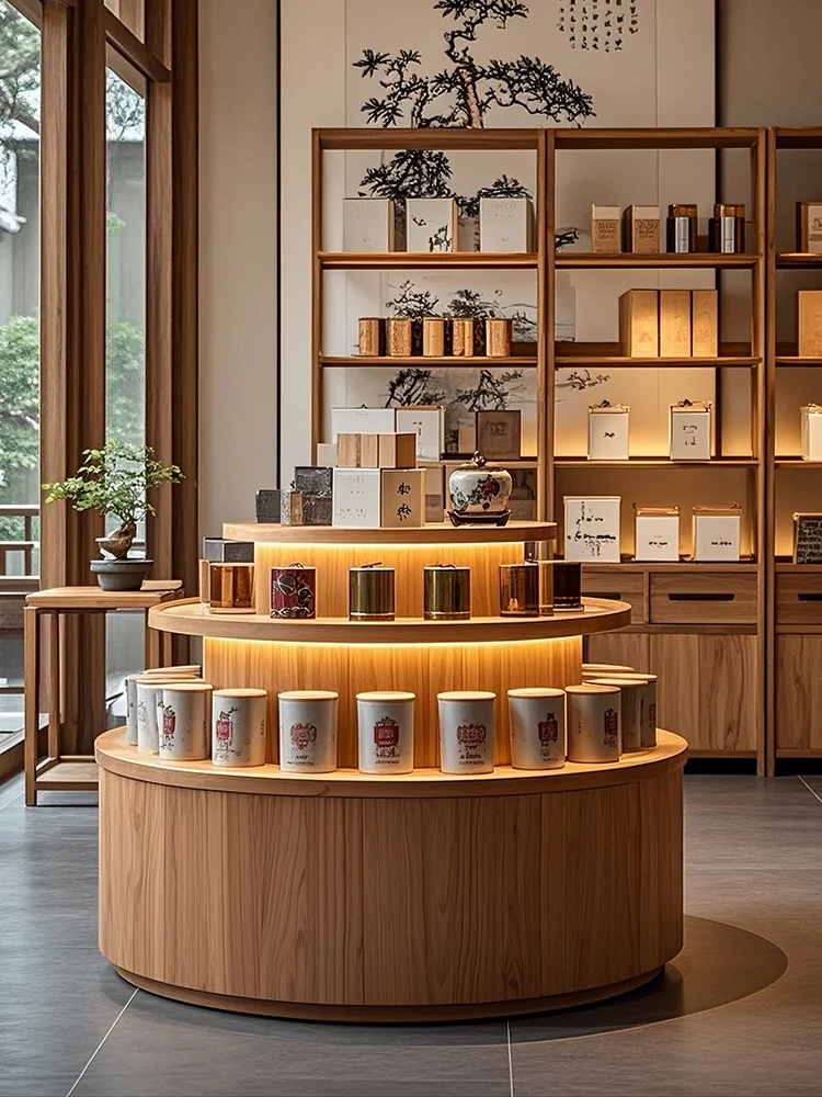 

Круглая витрина из цельного дерева Шкаф Zhongdao Чайный магазин Подставка для витрины товаров Коммерческая витрина Табак и