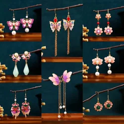 Fashion Butterfly Earrings for Women Flower Shaped Pear Tassel Ancient Palace Style Jewelry Pink Enamel Pearl Tassel Luxury Gift