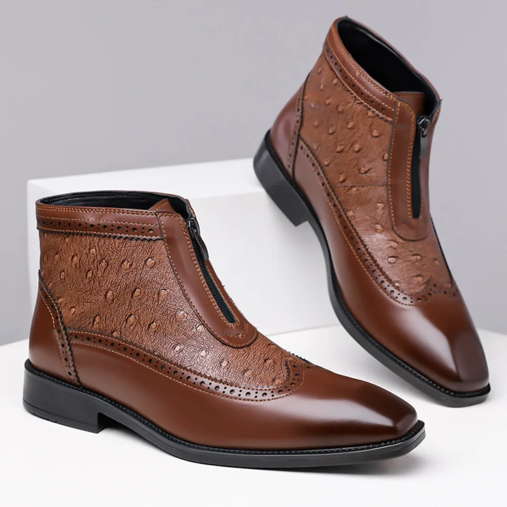 Men's Leather Boots Pattern Zipper Pointed High Top Leather Shoes Chelsea Boots Man Business Men's Boots Large Size 46 47 48