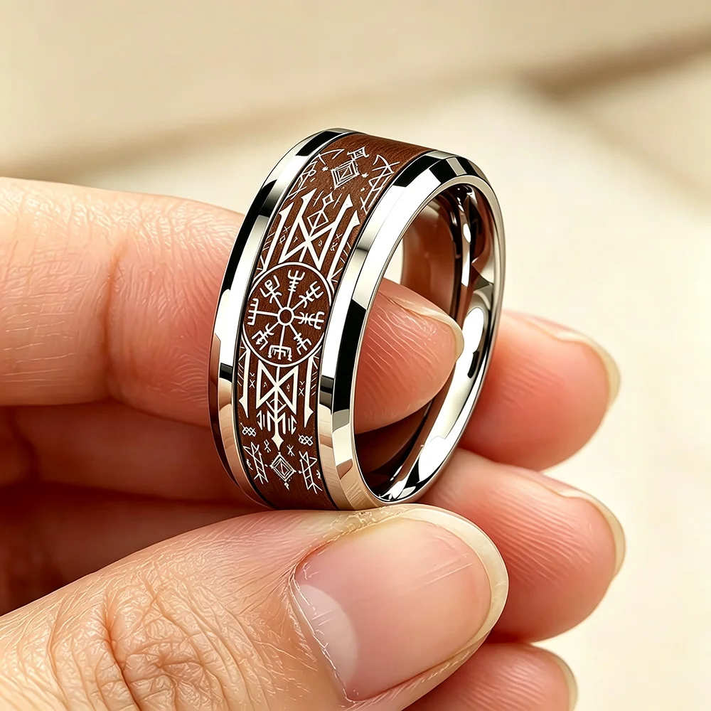Wikinger-Kompass Vegvisir Ring mit Holzeinlage Vintage Nordischer Wikinger-Runen Edelstahlring für Männer und Frauen Amulett Schmuck Geschenke – Detail 7