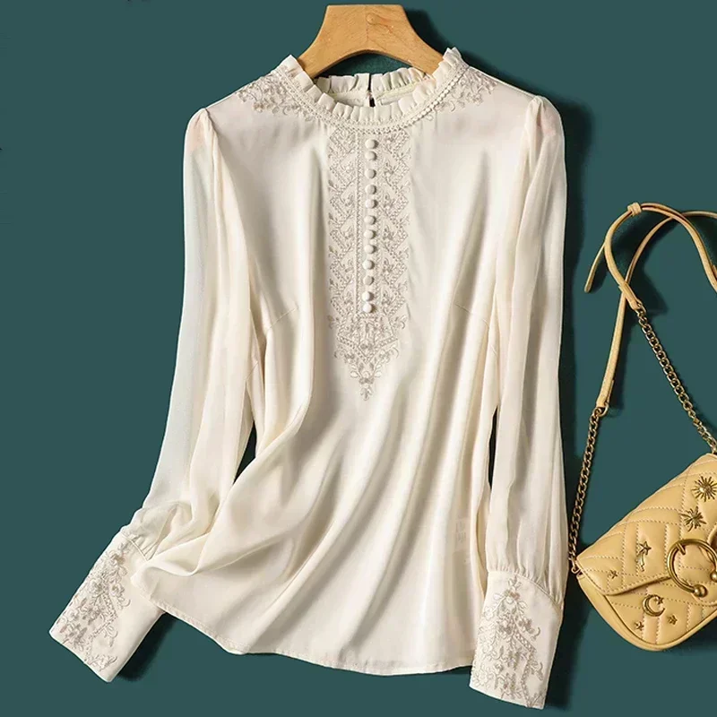 

Fashion Ruffled Collar Tops Vintage Long Sleeve Shirt Women Elegant Embroidery Blouse Autumn Casual Loose Clothes Blusas 29970