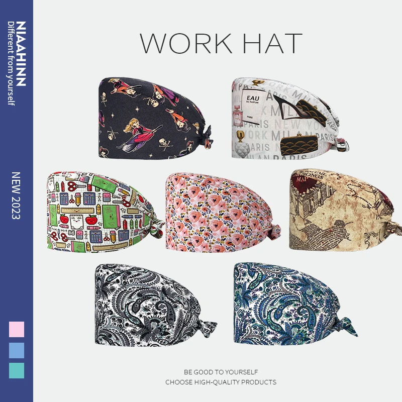 Pure Cotton Surgical Cap Women's Cute Print Nurse Hat Delivery Head Cover Operating Room Dental Doctor Work Hat Flat Top No Brim