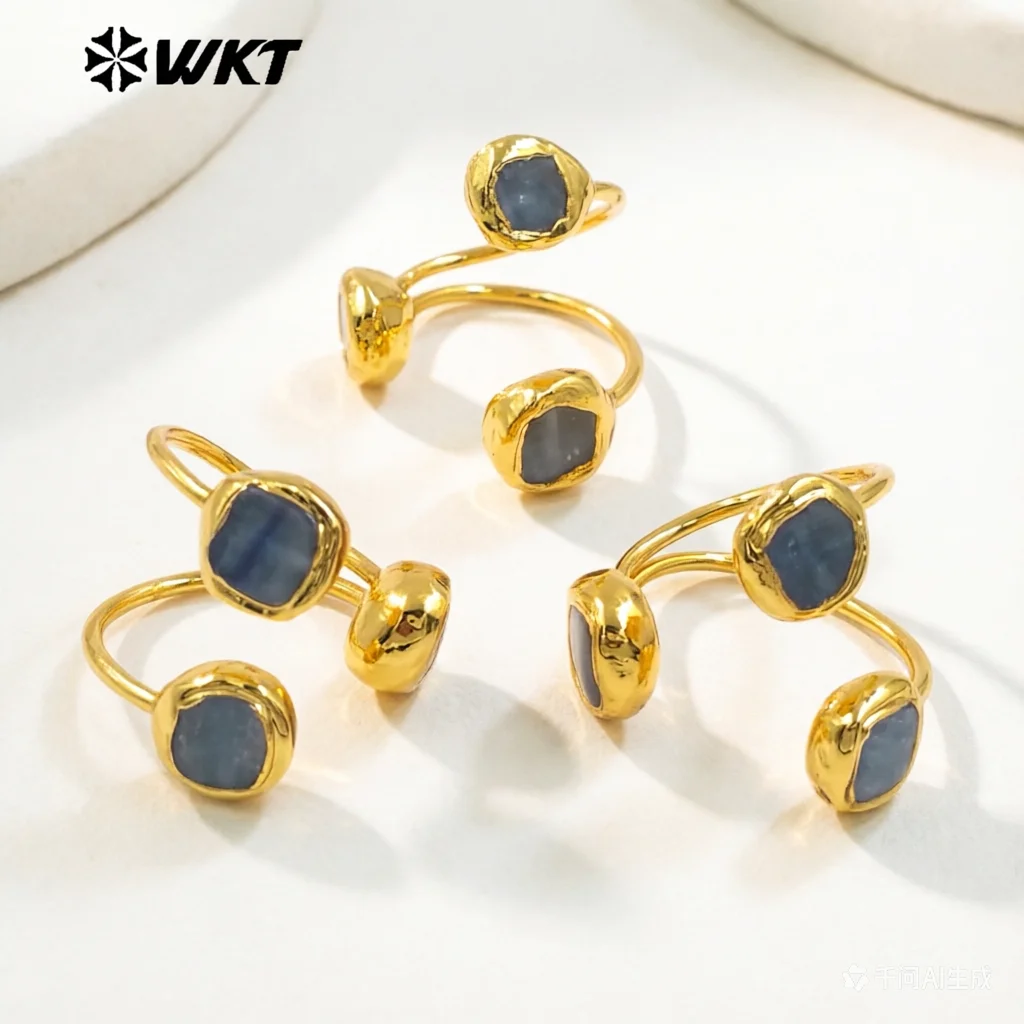 WT-R531 Wholesale Fashion 18K Gold Plated Resist Tarnishable Triple Blue Kyanite Stone Ring For Women Precious Energy Gift