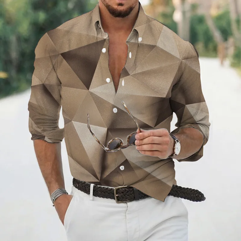 Men's Autumn Geometric Plaid Color Changing 3D Printed Long Sleeve Shirt Hawaii Beach Vacation Casual Beach Outdoor Clothing