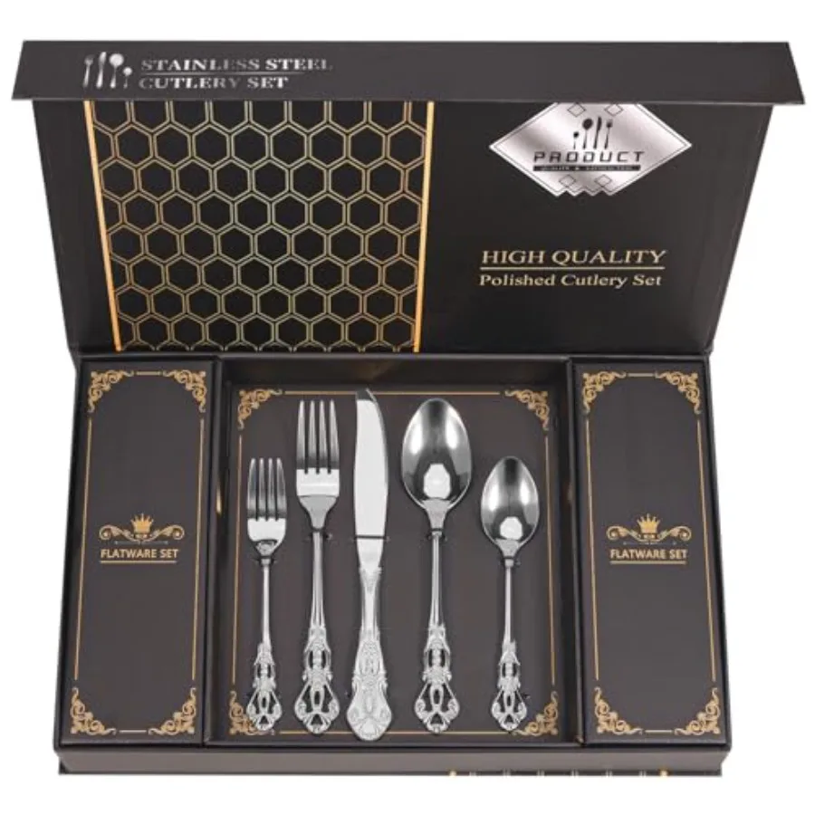 

Retro Royal Silverware Set With Gift Box For 8 Cutlery Set Utensils Stainless Steel Flatware 40 Pieces Kitchen Tableware Set Fo