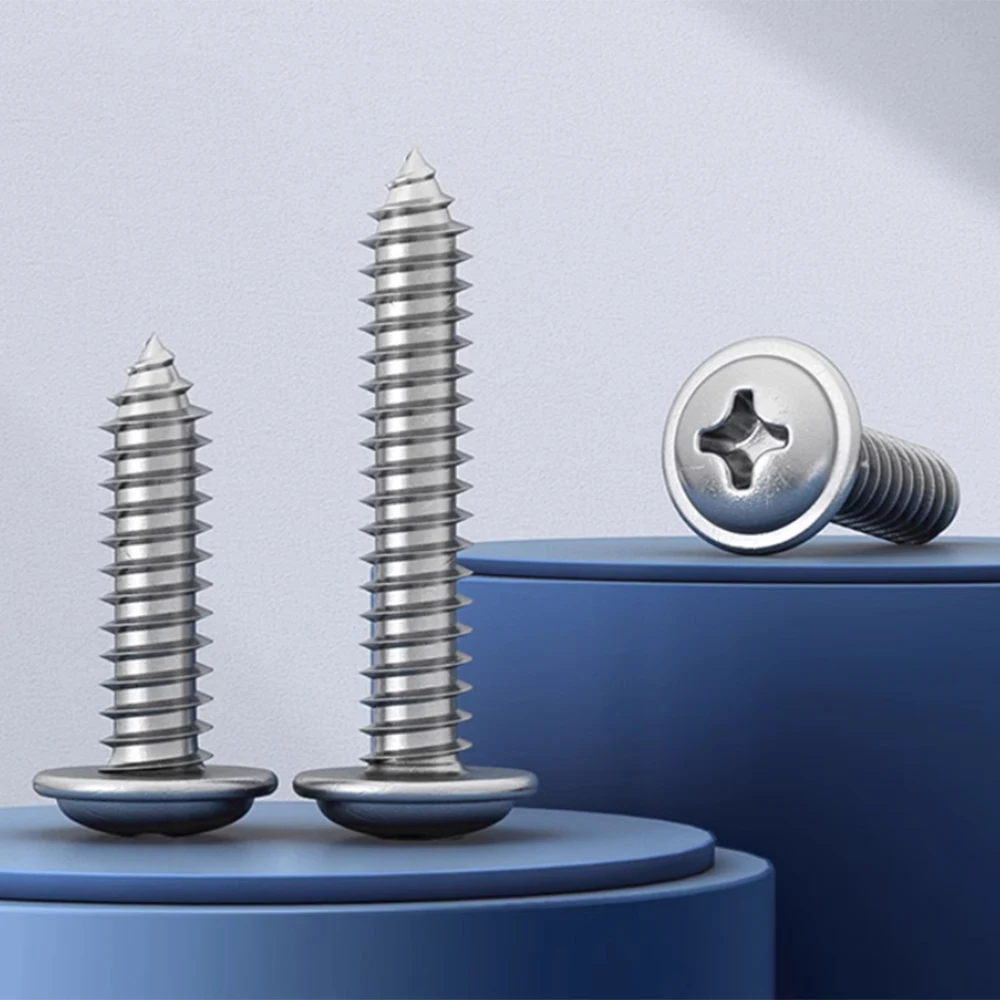 25-200Pcs M1.4 M1.7 M2 M2.3 M2.6 M3 M3.5 M4 M5 304 Stainless Steel Phillips Cross Pan Round Head with Washer Self-Tapping Screw