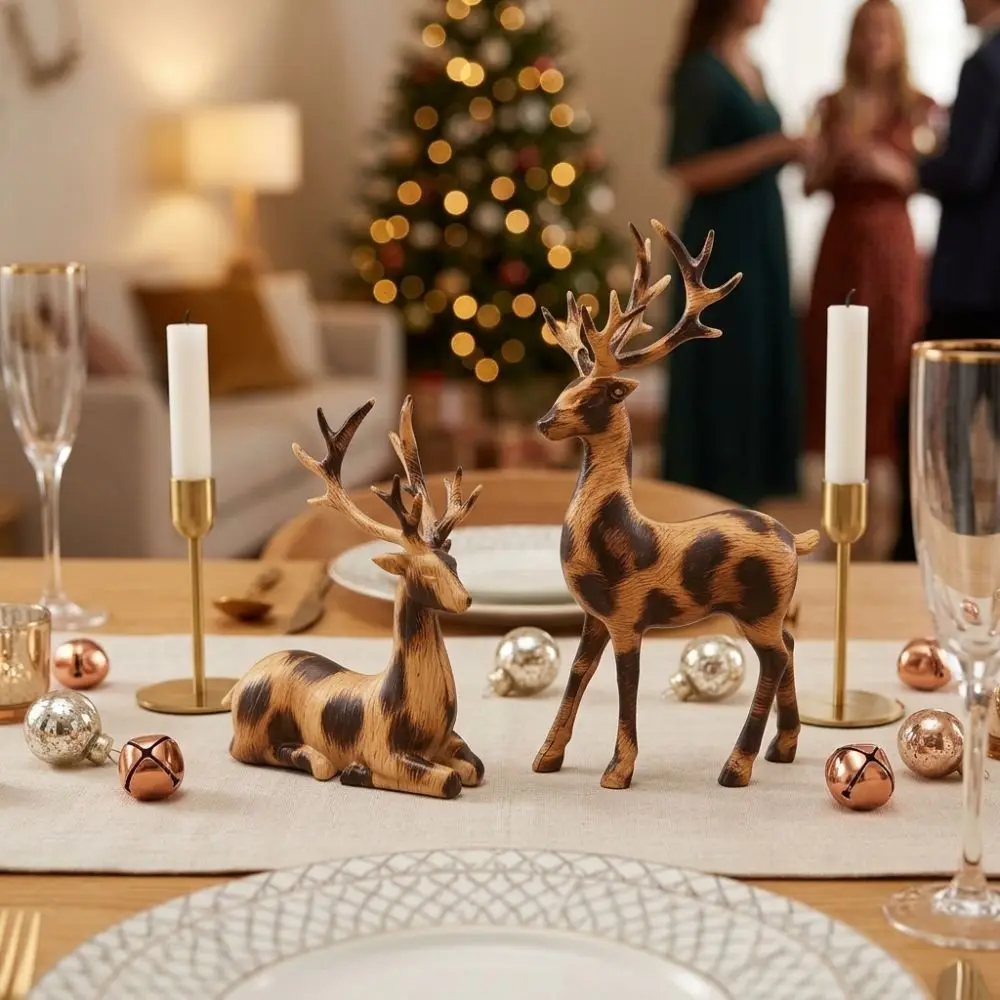 1 Pair Vintage Christmas Deer Figurine Realistic Sitting/Standing Position Deer Desktop Statue 3D Crafts Plastic Deer Sculpture