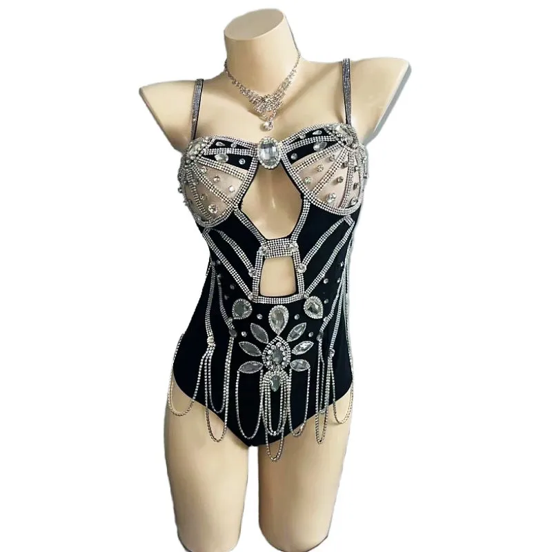 Sparkly Strass Body Gaze Tailing Sexy Pole Dance Kostüm Club Party Bühne Tragen DJ Tänzerin Show Festival Rave Outfit