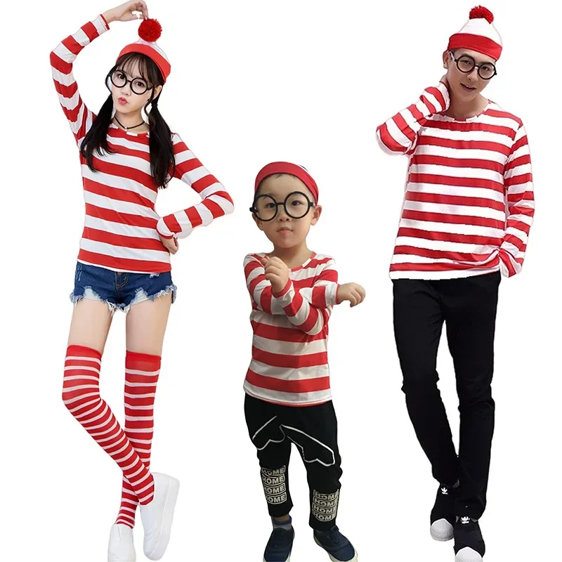 Smart Wally Clothing British Anime Men and Women Where's Wally British Cartoon Characters Striped Parent-child Cosplay Costumes