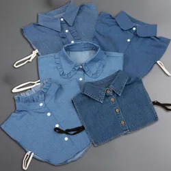 Faux col en Denim Vintage pour femme, pull à rayures détachables, demi-chemise à volants, faux col, cravate à revers