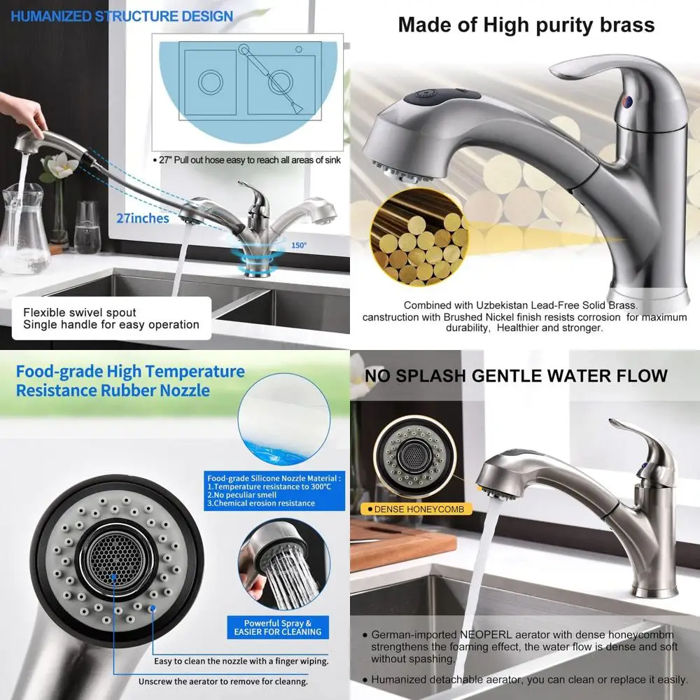 

Single Handle Pull-Out Spray Kitchen Faucet in Brushed Nickel with 150° Swivel and No Lead