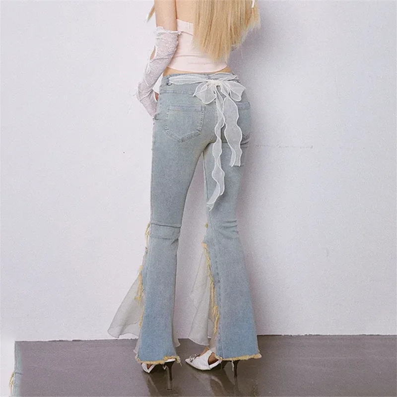 Design Sense Niche Heavy Industry Beaded Split Jeans Women's Spring Autumn New High Waist Denim Pants Fashion Cowgirl Trousers