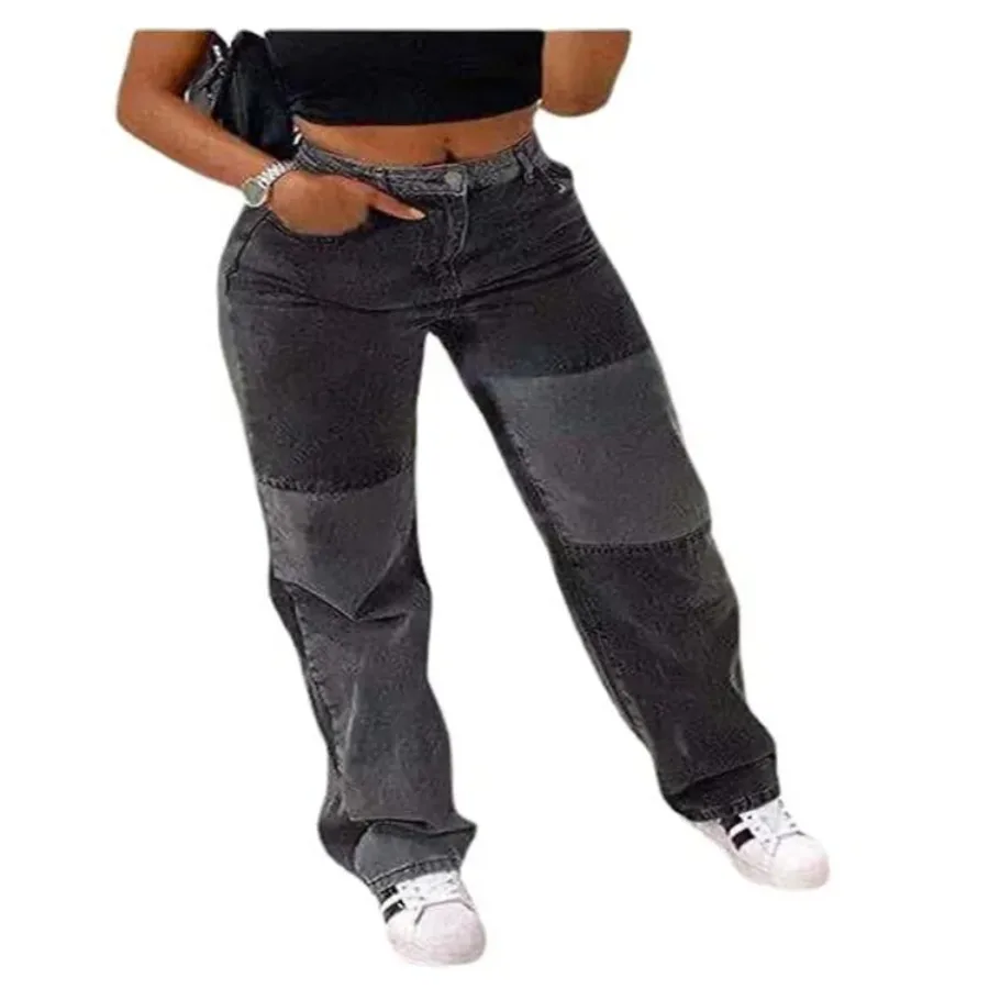 النساء الجينز الدنيم السراويل المستقيمة طول الكاحل منتصف الخصر المرقعة سستة جيوب تقسم فضفاض طفيف تمتد شارع العليا