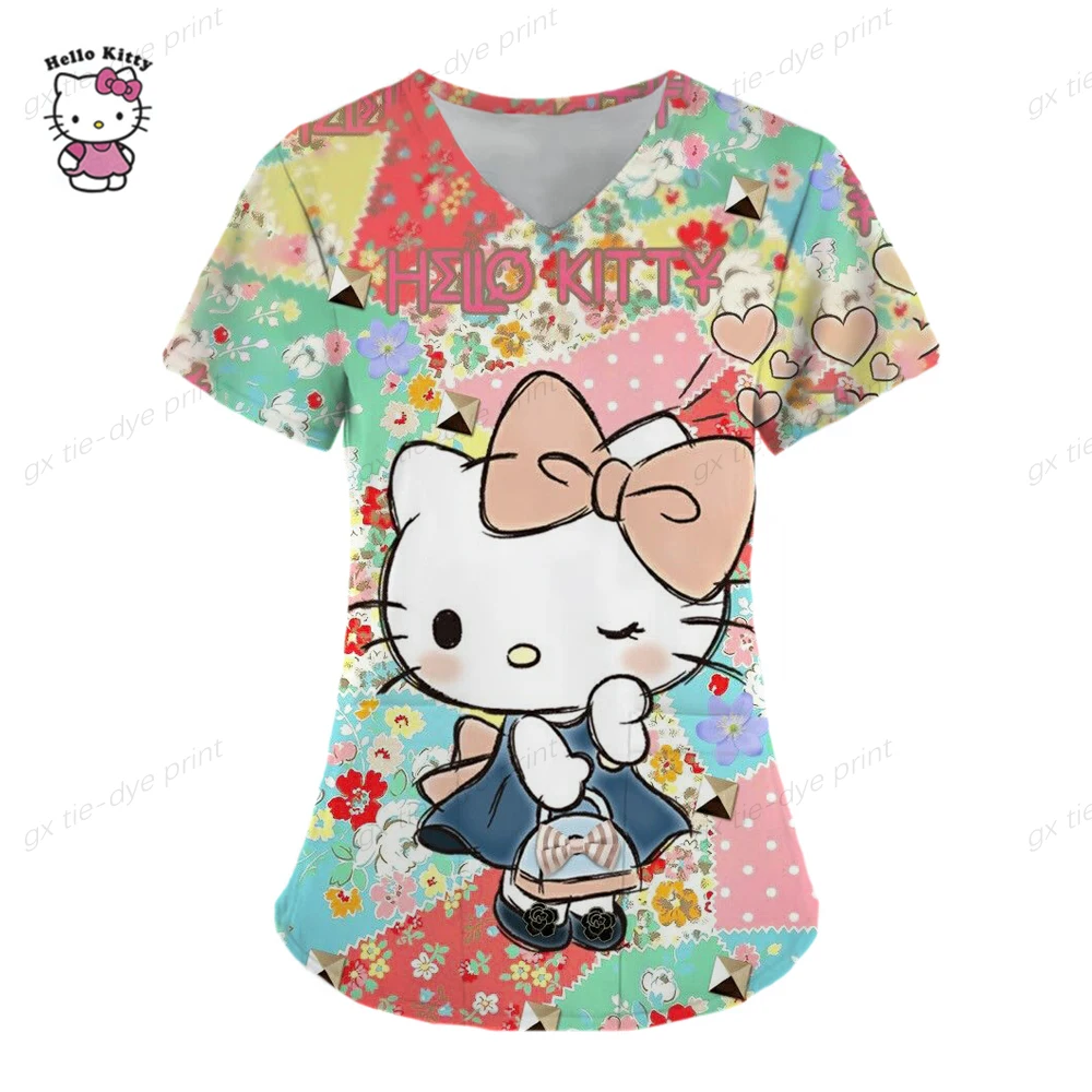 Uniforme de enfermeira kawaii feminino, tops animados, estampa Hello Kitty, manga curta, macacão de bolso, blusa médica para enfermagem