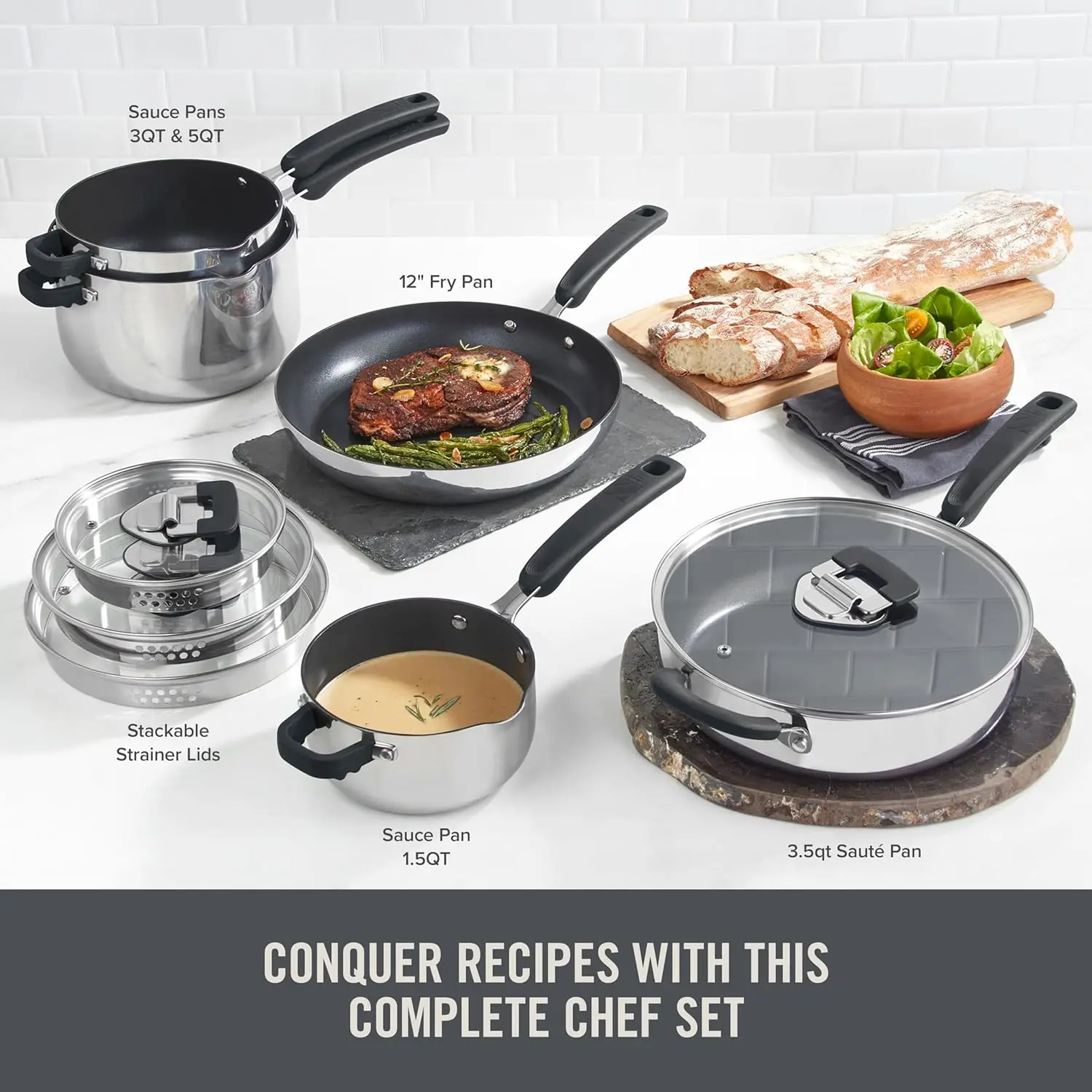 طقم أواني طهي من الفولاذ المقاوم للصدأ مكون من 10 قطع مع أغطية مصفاة - أسود