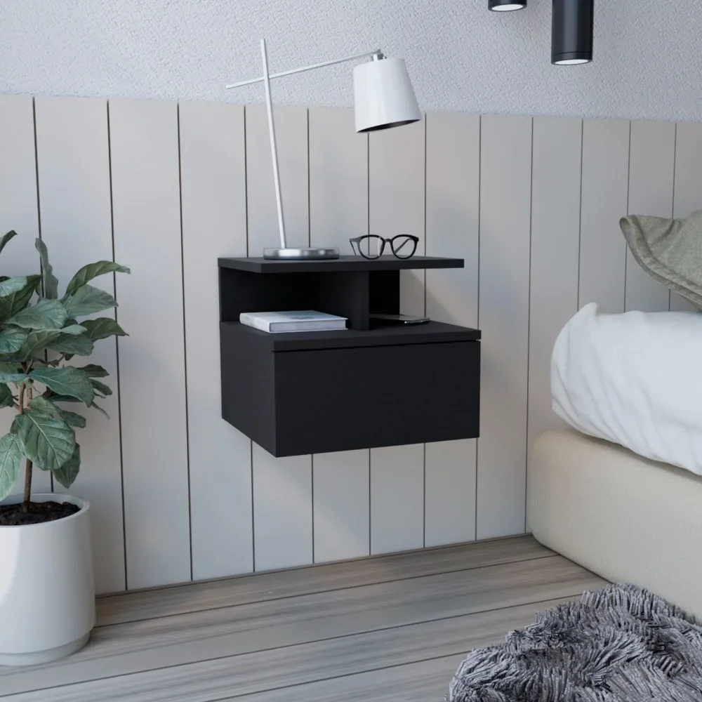 

Adele Floating Nightstand , End Table, Side Table Drawer, Open Top Shelves -Black Bedside Table Furniture Bedroom