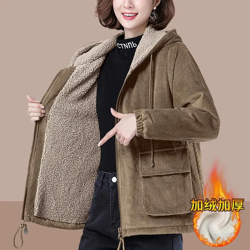 Fashion Corduroy Plus Velvet Hooded Coat Women\'s Short Thick Warm Autumn Winter Pocket Outwear 2022 New Loose Ladies Jackets