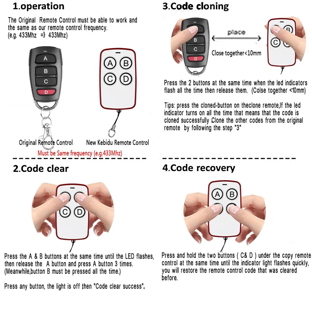 Learning fix code RF Remote Control Key 433mhz Transmitter Cloning Duplicated Copy for Electric Garage Door Car