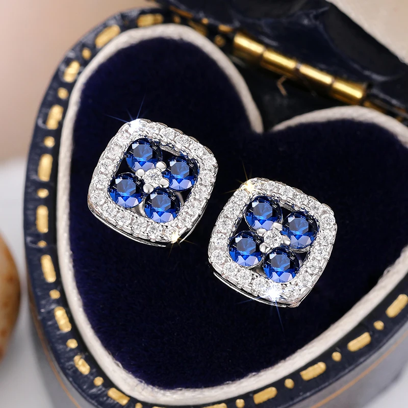 Women's Chic Square Stud Earrings with Blue/White Cubic Zirconia