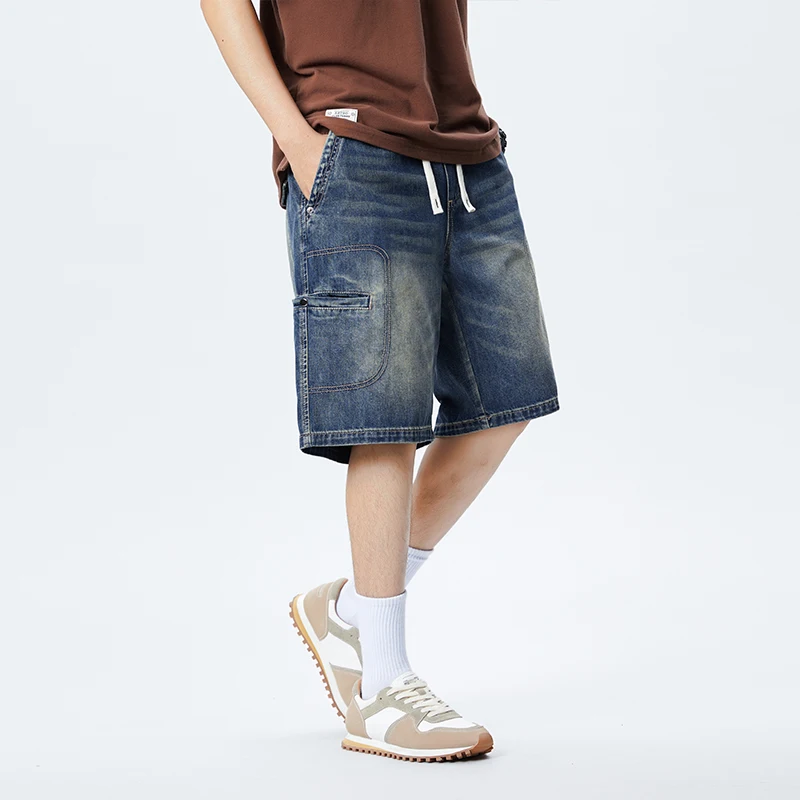 

XY9938 American retro denim shorts men's trend casual summer thin elastic waist multi light blue five-minute pants