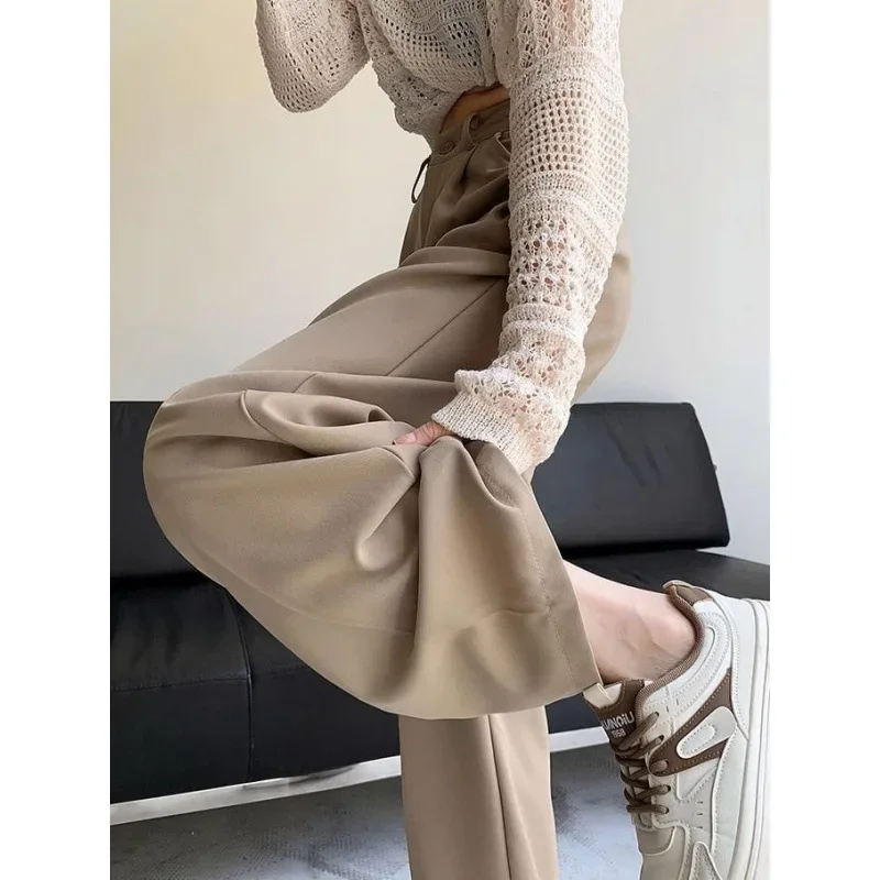 الكاكي اللون المرأة مستقيم الساق دعوى السراويل عالية الخصر ثنى نمط ربيع الخريف جديد وصول التخسيس واسعة الساق السراويل #2