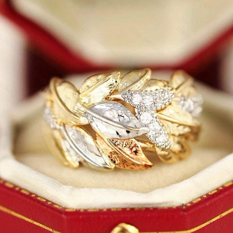 Three Tone Leaf Design Finger Rings for Women Inlaid Synthetic Cubic Zirconia New Fashion Wedding Band Luxury Lady Jewelry