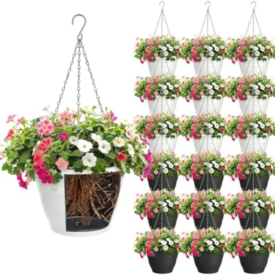 

20 Pcs 10 Inch Plastic Self-Watering Hanging Planters for Indoor Outdoor Use Black, Durable Polypropylene with Drainage Holes C