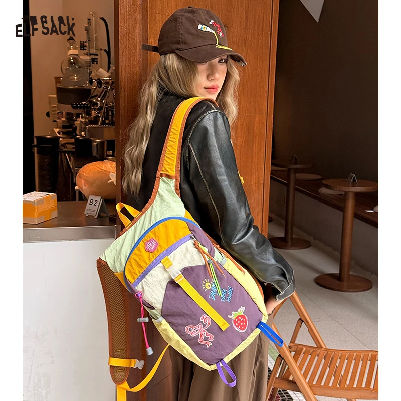 

Женский милый походный рюкзак ELFSACK с цветными вставками, повседневный рюкзак с вышивкой клубники, легкая дорожная сумка для активного отдыха