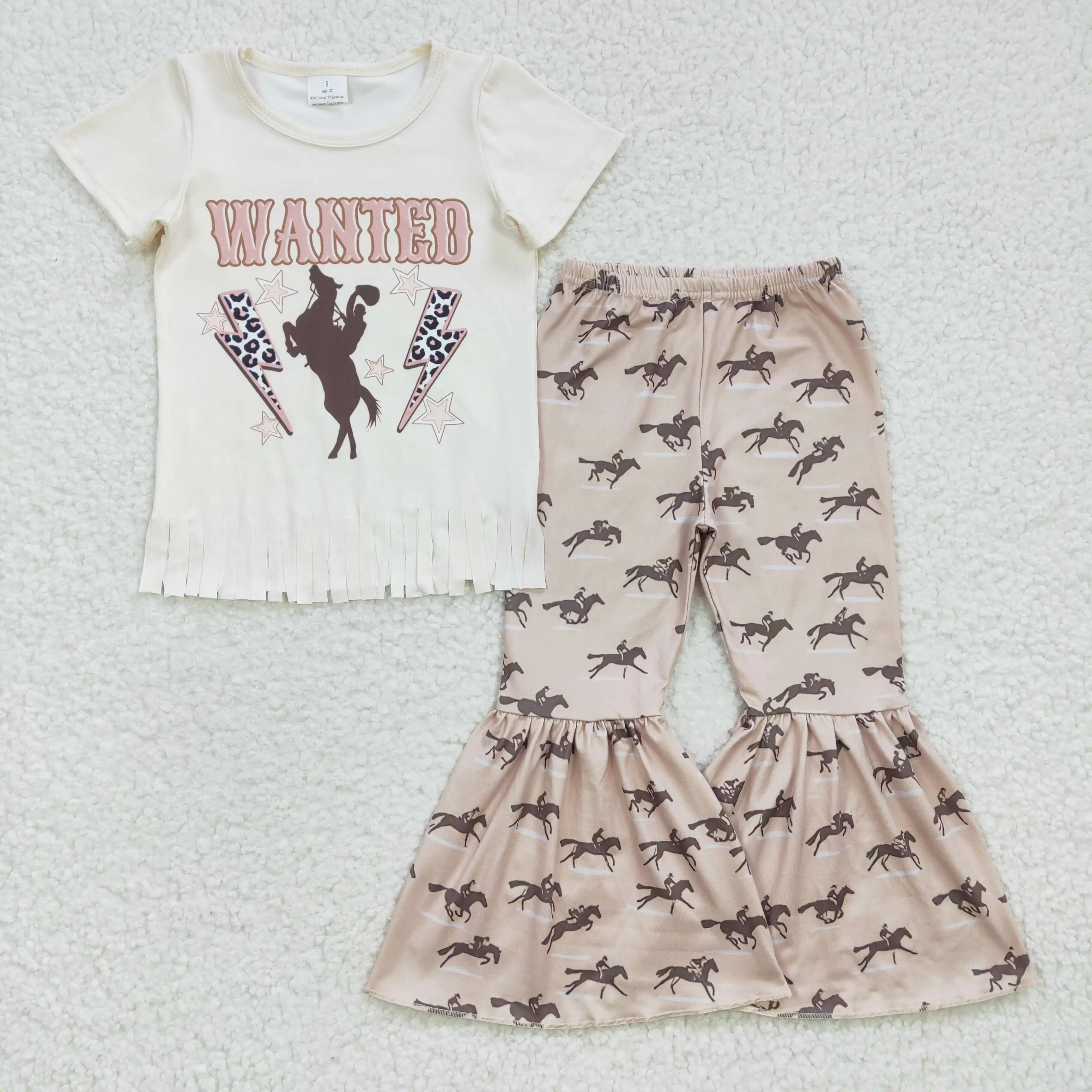 8.02 GSPO0487 Toddler Girl Clothes Short Sleeve Cowboy Print Top With Bell Bottom Pants Kids Boutique Outfits
