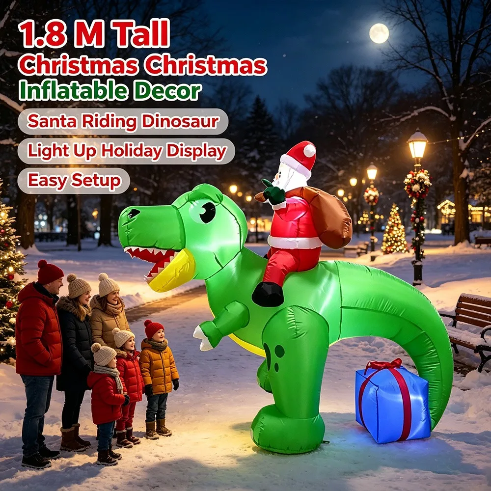 1.8M Inflatable Santa Riding Dinosaur with LED Lights Yard Decor Outdoor Christmas Blow Up Ornament