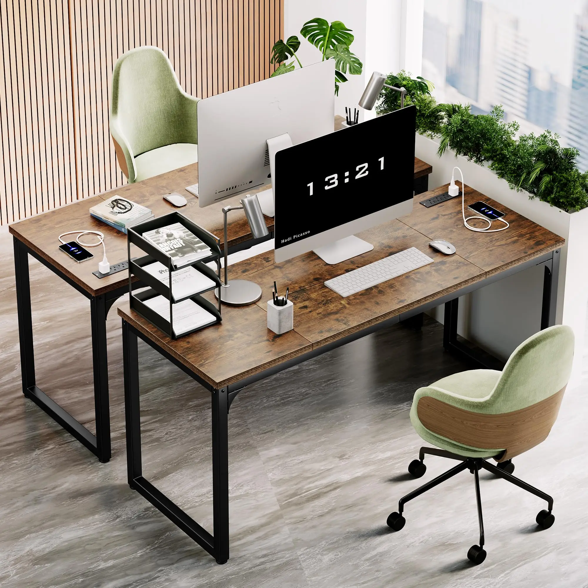 Computer Desk with Power Outlets, 63 x 24 Inch, Rustic Brown