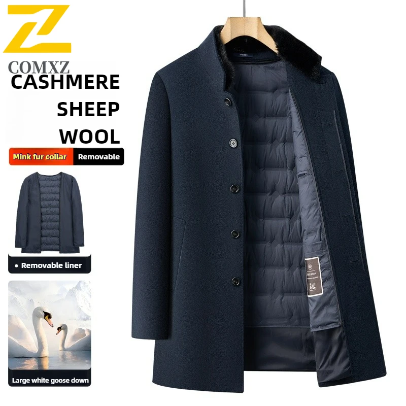 

Comxz новое зимнее шерстяное пальто для мужчин, высококачественное однобортное теплое пальто на подкладке из гусиного пуха, модное брендовое длинное шерстяное пальто