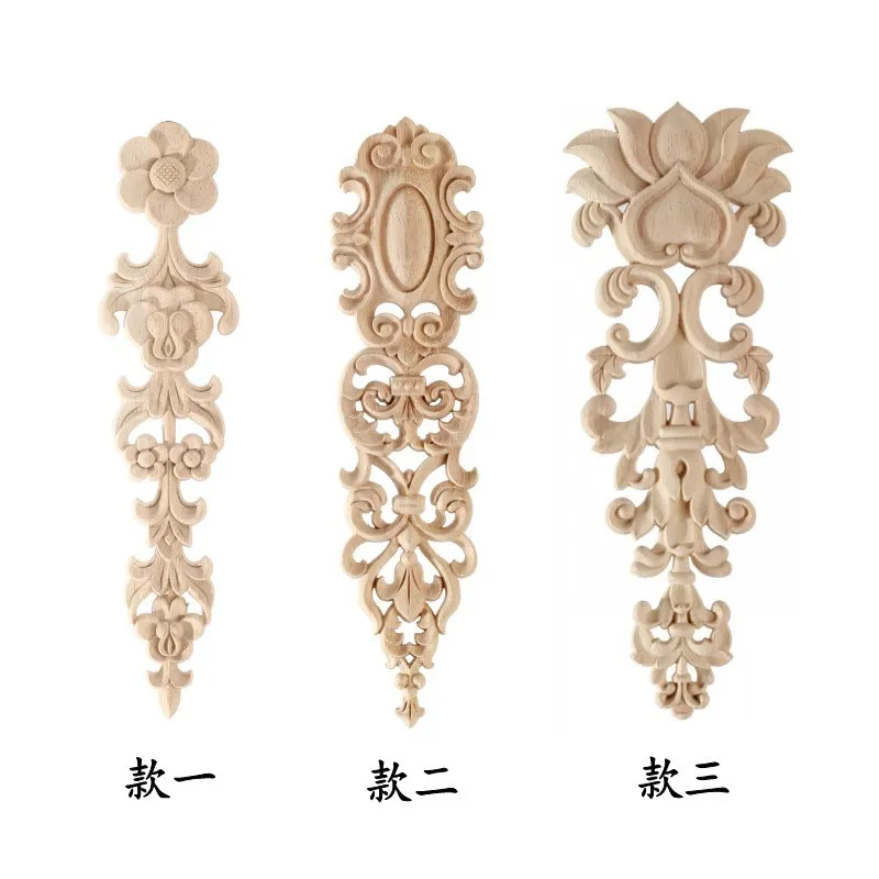 4Pcs Long Wood-Carved Onlays Appliques for Furniture, Unpainted Wooden Carving Decals for Wall Cupboard Mirror Mantel Door Bed