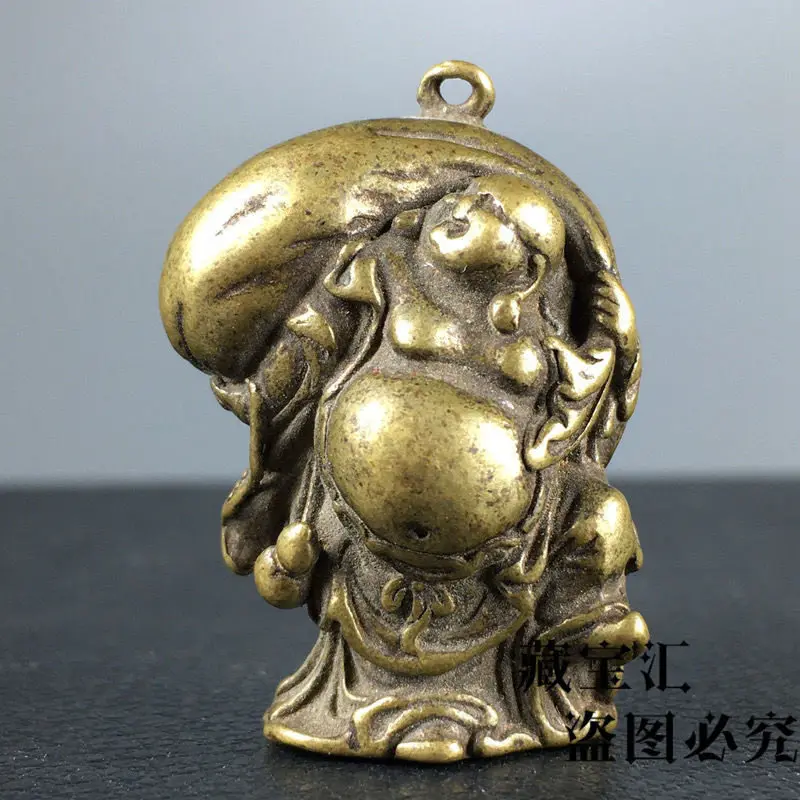 Vintage Antique Old Item Pure Solid Brass Bag Maitreya Buddha Mini Pendant Carved Brass Bring Good Fortune