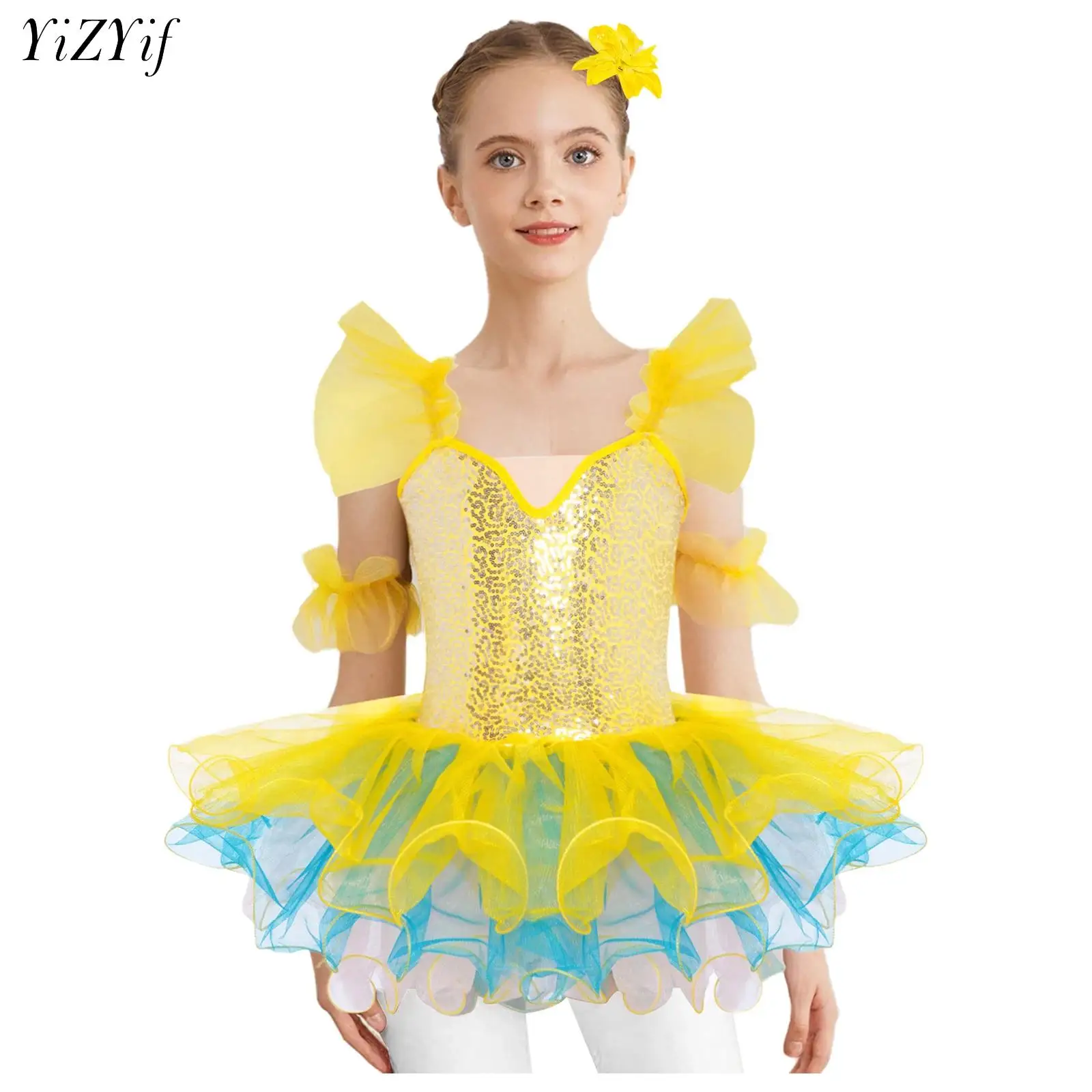 

Child Tutu Ballet Dress Girls Ballerina Tulle Costume Ruffled Sleeves Sequins Bodice Gymnastics Leotard Tutu Kids Dancewear