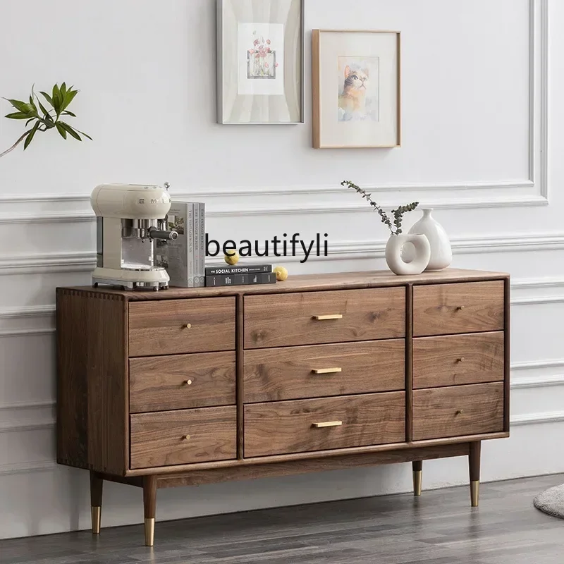 الشمال خشب متين أقدام نحاسية تسعة أدراج خزانة الجوز الأسود غرفة نوم خزانة غرفة المعيشة #4