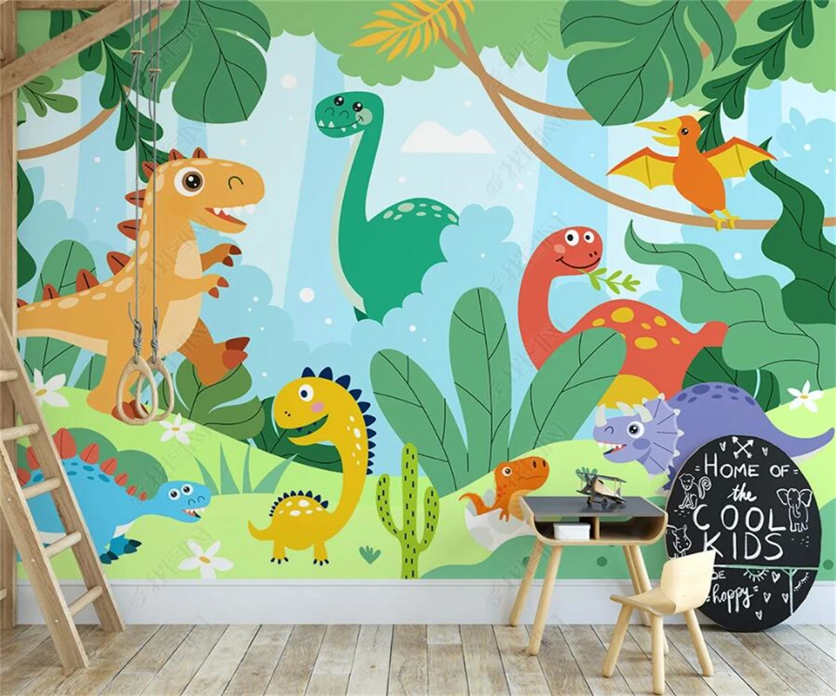 

beibehang customize latest Nordic hand-painted cute little dinosaur cartoon valley forest children's room background wallpaper