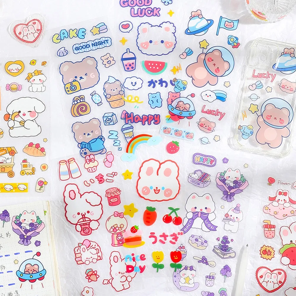 

Cute Stickers Kawaii Bear Rabbit Sticker Kid Waterproof Transparent PET Sticker DIY Graffiti Hand Account Decal Stationery Decor