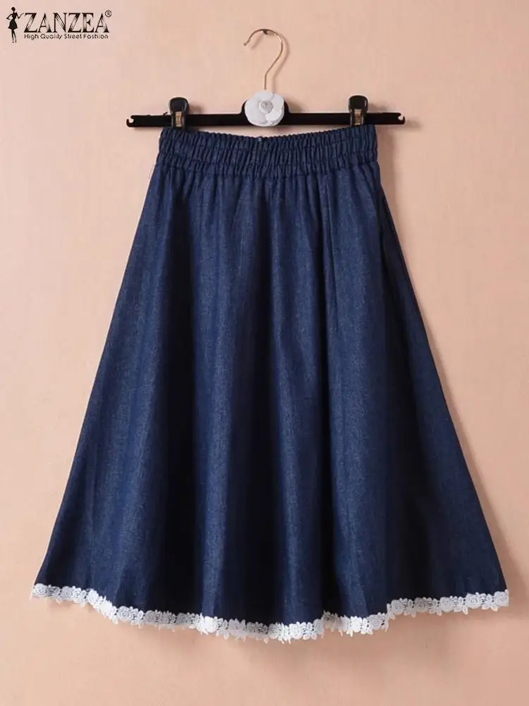 

ZANZEA Casual Elastic Waist Skirt Fashion Denim A-line Skirt Women Lace Patchwork Jupe 2024 Autumn Vintage Pleated Office Faldas