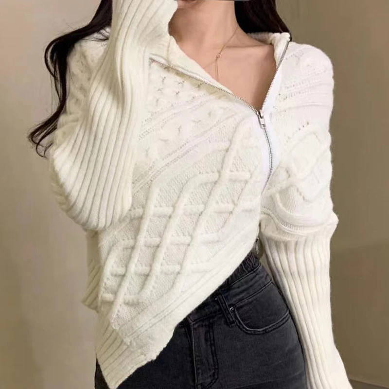 

Autumn and Winter Irregular Side Zipper Solid Knitwear Knitted Cardigan Women Long Sleeve Turtleneck Sweater Top