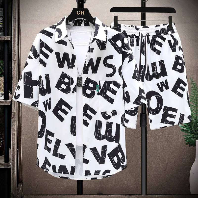 

Летний мужской комплект: рубашка с коротким рукавом и шорты, повседневный, в клетку, свободного кроя, с принтом, для молодежи и студентов, удобный, дышащий, из полиэстера