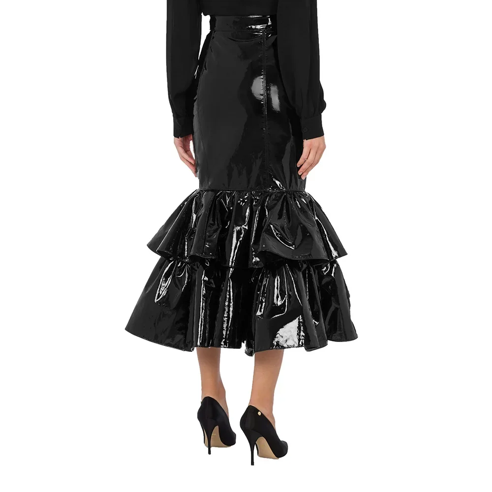 

Plus Size High Street Women Ruffled Pleated Midi Skirt High Waist Glossy PVC Leather Chic Lady Long Skirts Female Slim Fit Skirt
