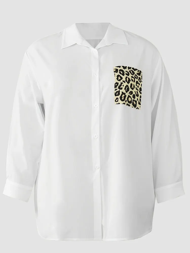 Clearance Hot Sale Elegant Solid Splicing Leopard Print Pocket Plus Size Women Shirt With Button Long Sleeve Top Blouse On Sale