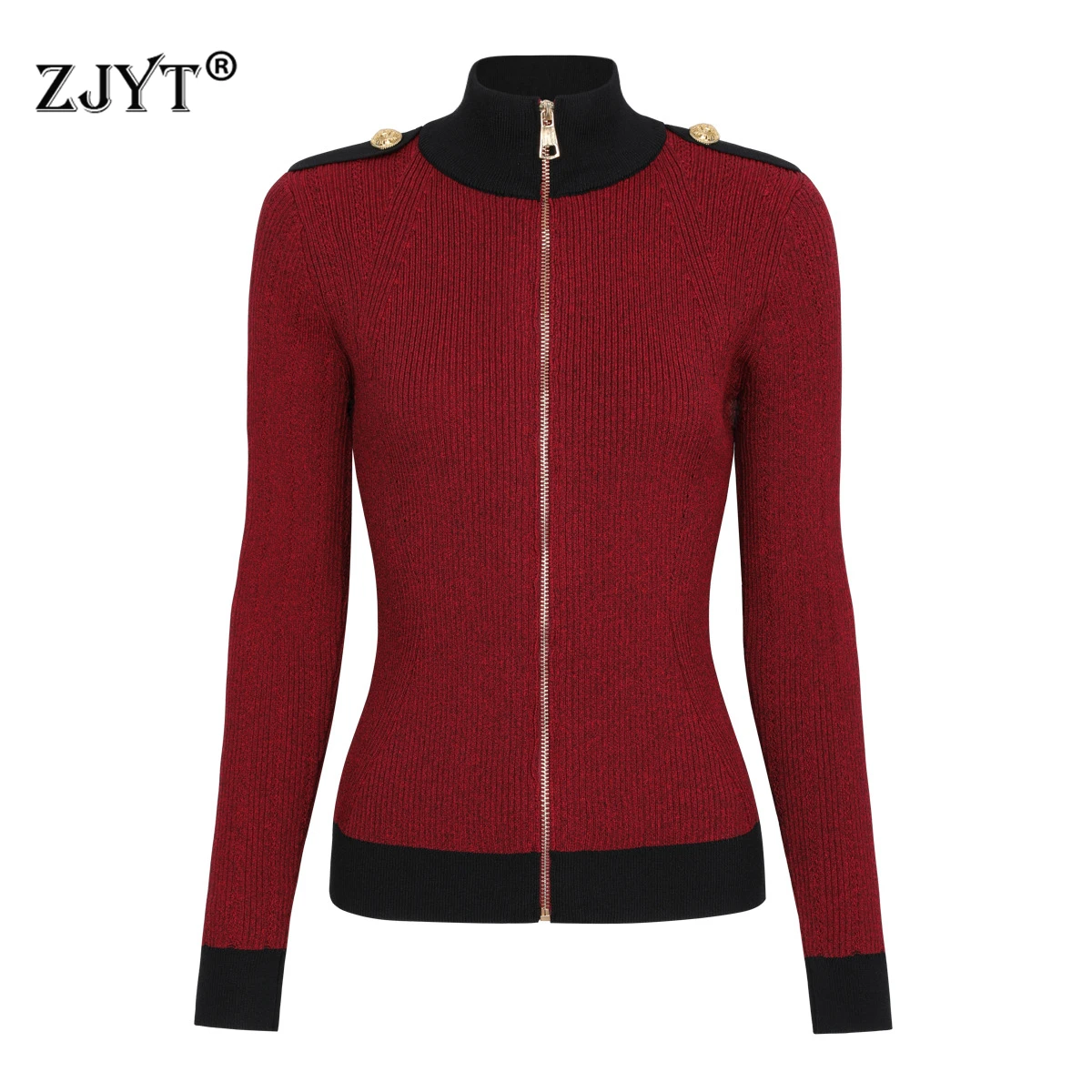 

ZJYT Women Fashion Autumn Winter Knitted Sweaters Zipper Stand Collar Cardigans Coat Long Sleeve Color Block Knitwears Tops
