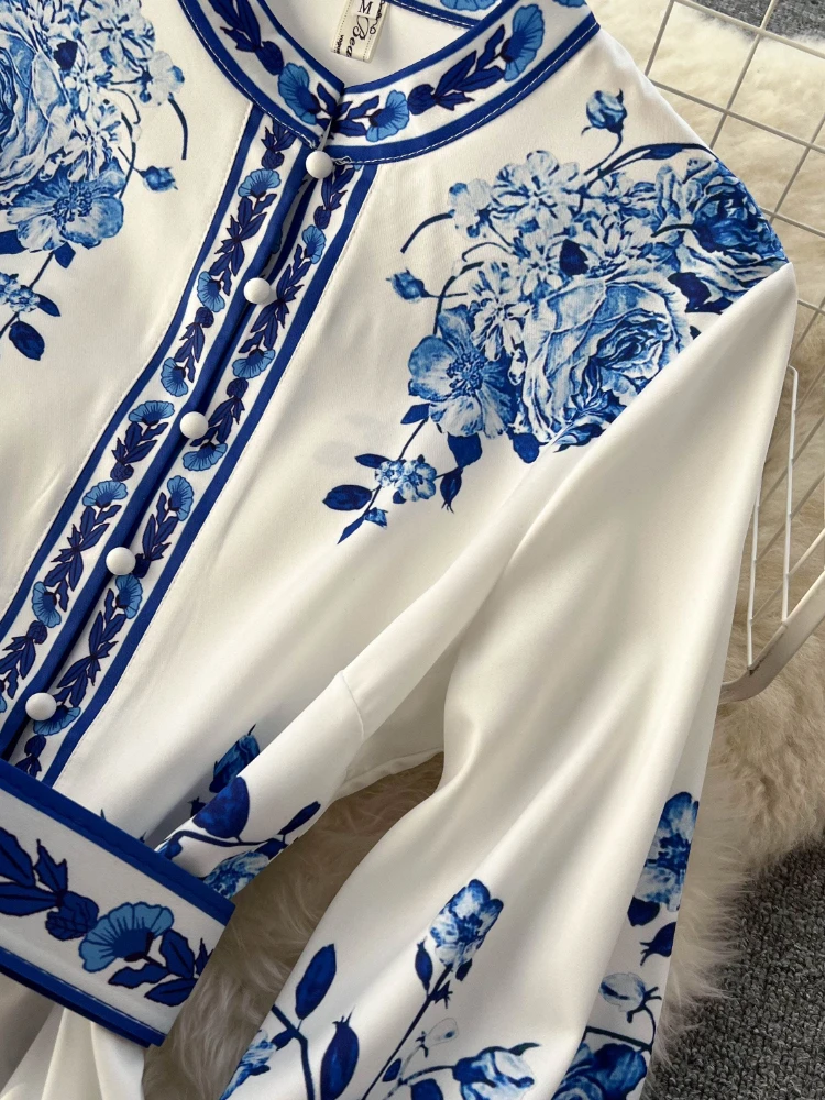 Vestido camisero de manga larga para mujer, traje elegante con estampado azul, Vintage, para fiesta, primavera y otoño