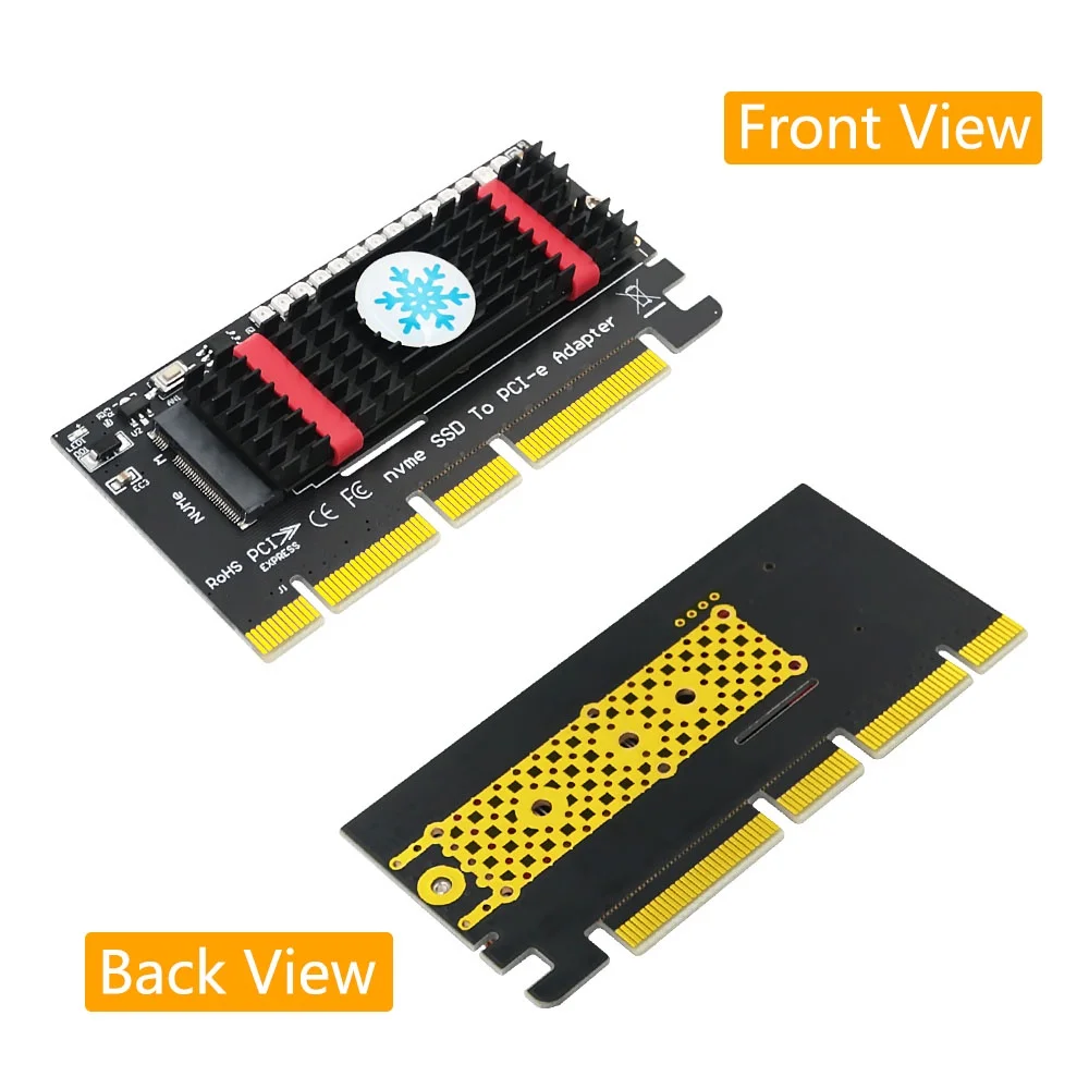 M.2 nvme SSD to PCI-E 4X/8X/16X adapter with black aluminum heatsink and 3528 Colorful flash LED