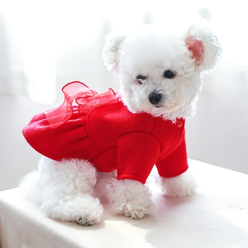 1PC pet clothing autumn and winter thickened new year red diamond bow princess skirt suitable for small and medium-sized dogs