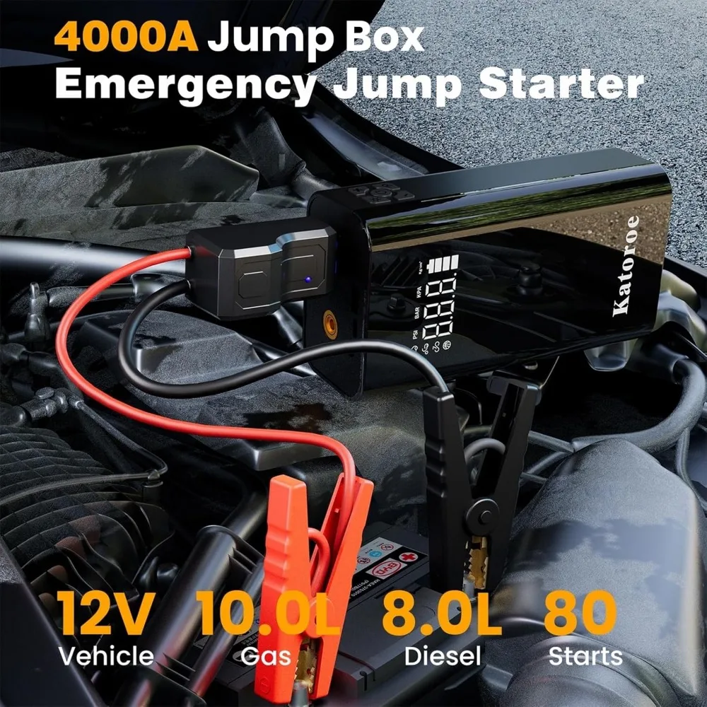 Jump Starter مع ضاغط هواء، بطارية سيارة محمولة 4000 أمبير (9.0 لتر غاز/7.0 لتر ديزل)، منفاخ إطارات 150 رطل لكل بوصة مربعة 12 فولت
