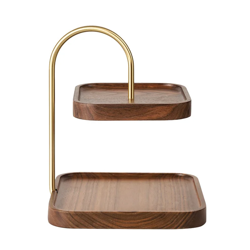 Black walnut tray dried fruit cake plate living room fruit snack plate European double-layer fruit plate wooden storage rack