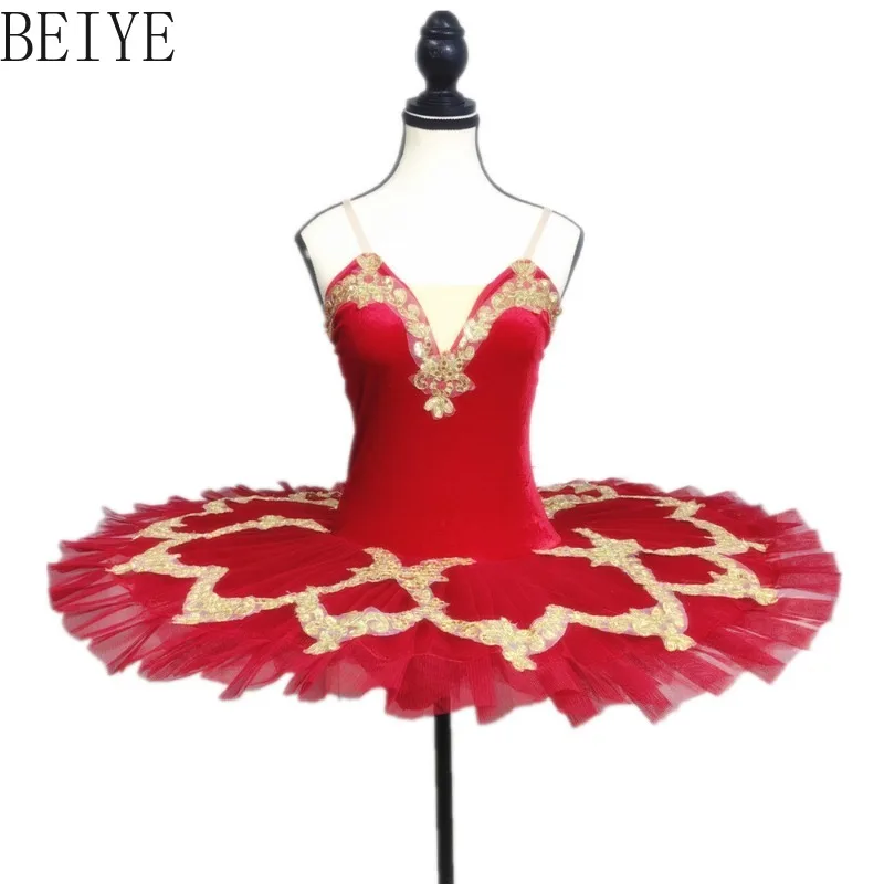 

Red Gold Embroidered Professional Ballet Dress Pancake Tutu Kids Classical Stage Dress Princess Competition Dance Costume